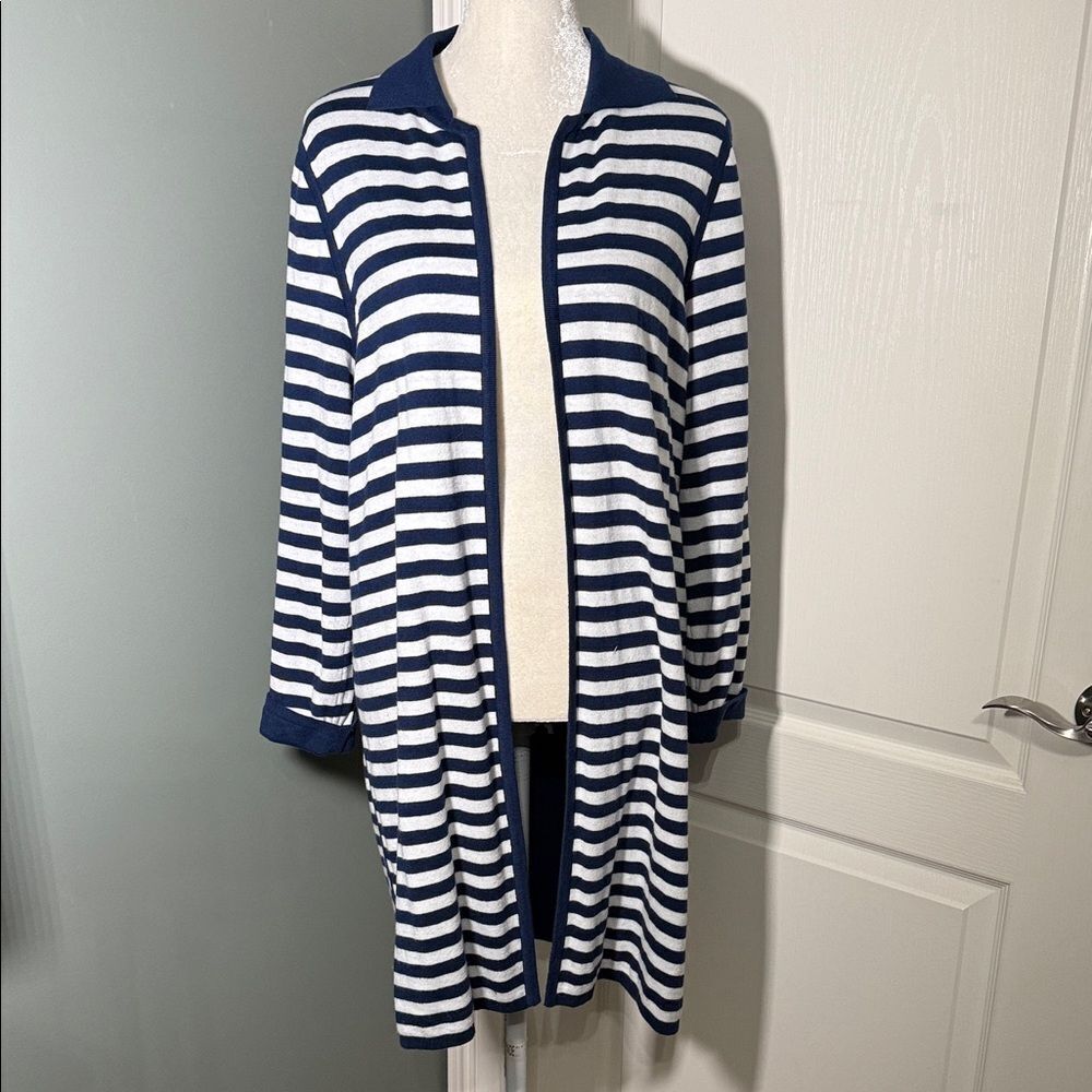 Chico’s Navy White Striped Open Front Cardigan Long Length Size 2